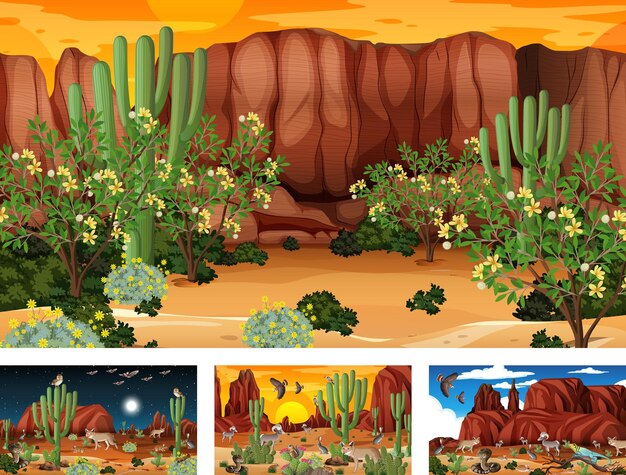 Diferentes escenas de paisaje de bosque desértico con animales y plantas.