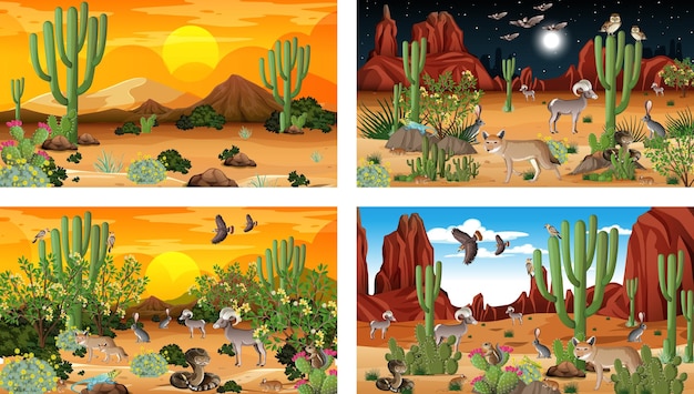 Vector gratuito diferentes escenas con paisaje de bosque desértico con animales y plantas.
