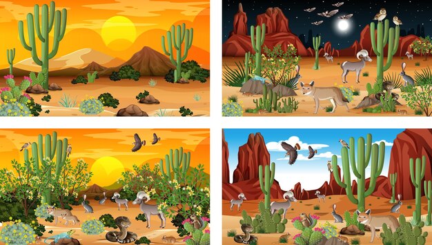 Diferentes escenas con paisaje de bosque desértico con animales y plantas.