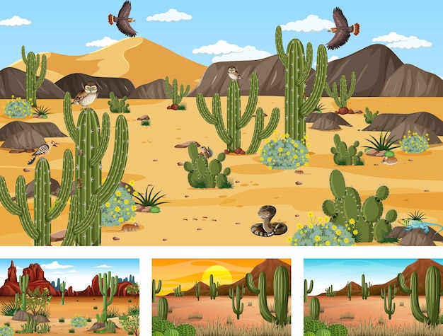 Vector gratuito diferentes escenas con paisaje de bosque desértico con animales y plantas.