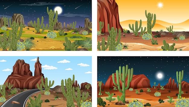 Vector gratuito diferentes escenas con paisaje de bosque desértico con animales y plantas.