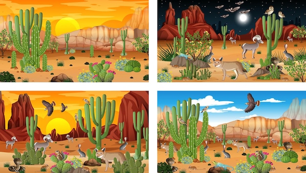 Vector gratuito diferentes escenas con paisaje de bosque desértico con animales y plantas.