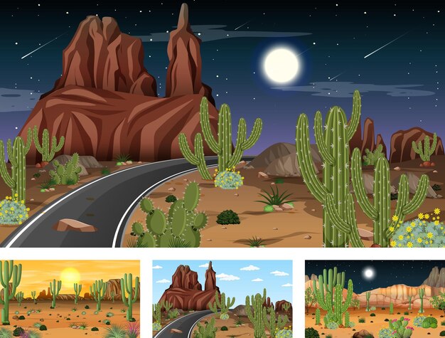 Diferentes escenas con paisaje de bosque desértico.