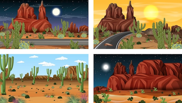 Diferentes escenas de paisajes de bosques desérticos con varias plantas del desierto.