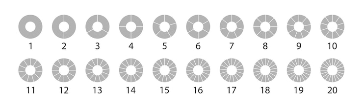 Vector gratuito diferentes gráficos circulares redondos conjunto gris. vector ronda 20 sección. conjunto de círculos segmentados aislado en un fondo blanco.