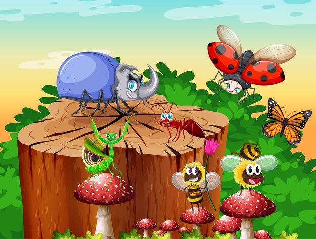 Diferentes insectos y escarabajos que viven en la escena del jardín durante el día.