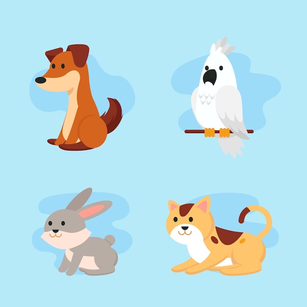 Vector gratuito diferentes mascotas aisladas sobre fondo azul