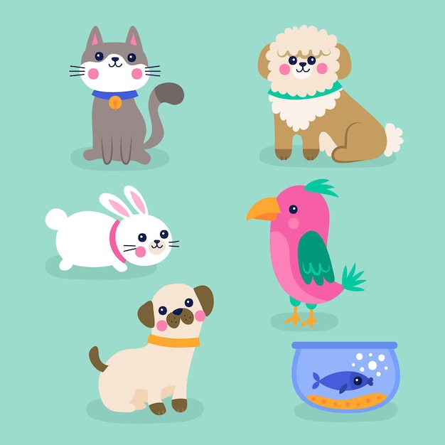 Vector gratuito diferentes mascotas lindas aisladas sobre fondo azul