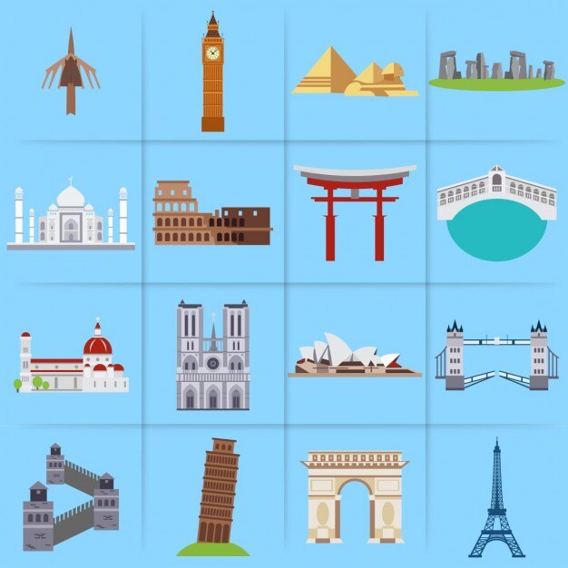 Diferentes monumentos sobre un fondo azul