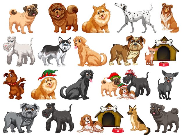 Diferentes perros divertidos en estilo de dibujos animados aislado sobre fondo blanco.