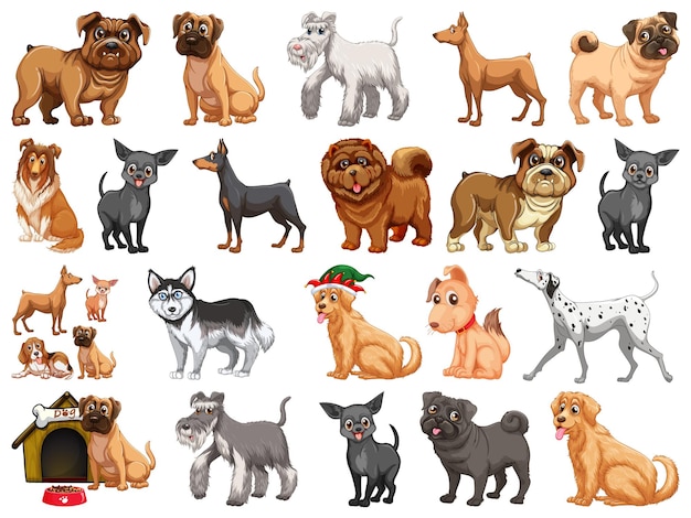 Vector gratuito diferentes perros divertidos en estilo de dibujos animados aislado sobre fondo blanco.