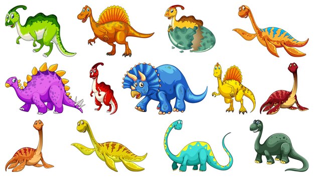 Diferentes personajes de dibujos animados de dinosaurios y dragones de fantasía aislados