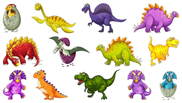Diferentes personajes de dibujos animados de dinosaurios y dragones de fantasía aislados
