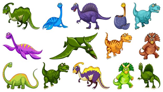 Diferentes personajes de dibujos animados de dinosaurios y dragones de fantasía aislados