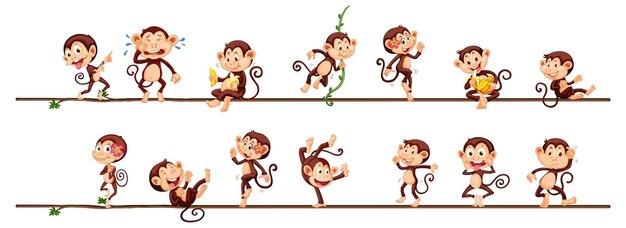 Diferentes personajes de dibujos animados de monos en la cuerda.