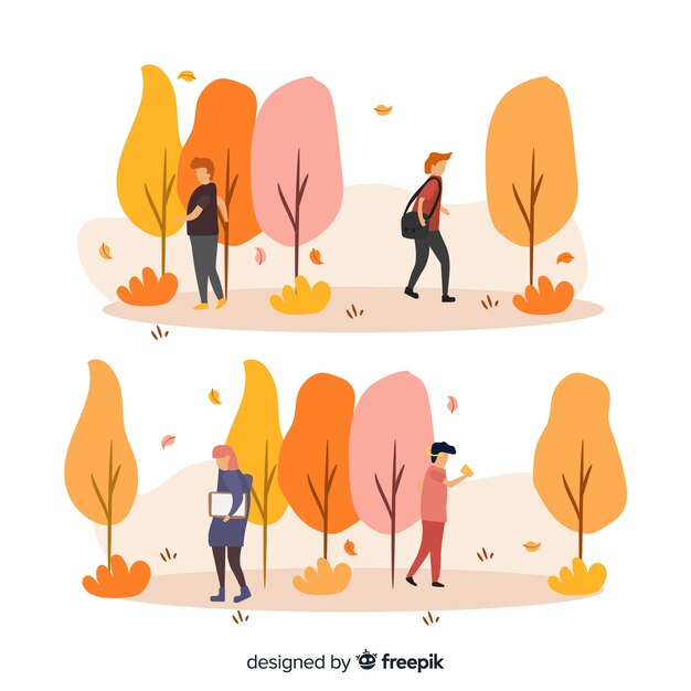 Diferentes personas caminando en otoño.