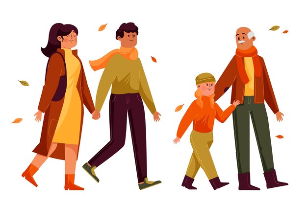 Diferentes personas caminando en otoño.