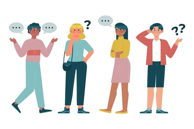 Diferentes personas haciendo preguntas ilustradas.