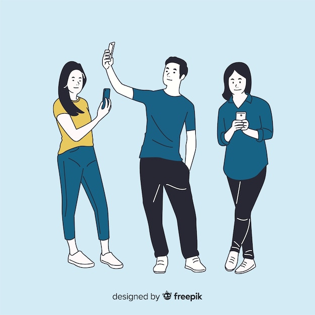 Diferentes personas con teléfonos inteligentes en estilo de dibujo coreano