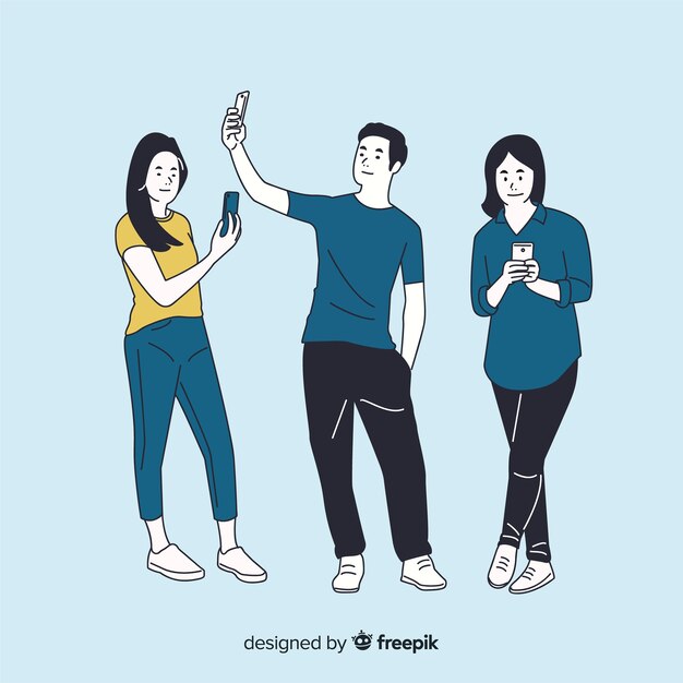 Diferentes personas con teléfonos inteligentes en estilo de dibujo coreano