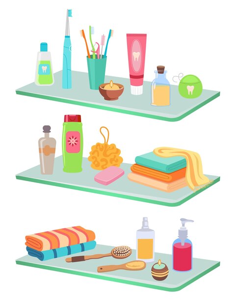 Diferentes productos para el conjunto de ilustraciones de vectores de higiene personal. Menaje para aseo o baño, productos de belleza, botella de champú, jabón, agua micelar. Artículos de tocador, higiene, concepto de salud.