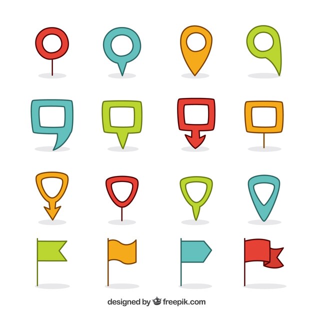 Diferentes punteros de colores dibujados a mano 