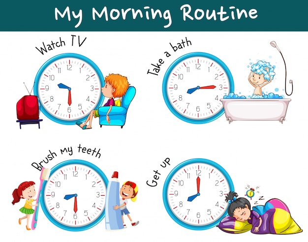 Vector gratuito diferentes rutinas de la mañana en diferentes momentos