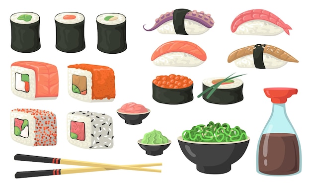 Diferentes sushi, rolls y nigiri flat set.
