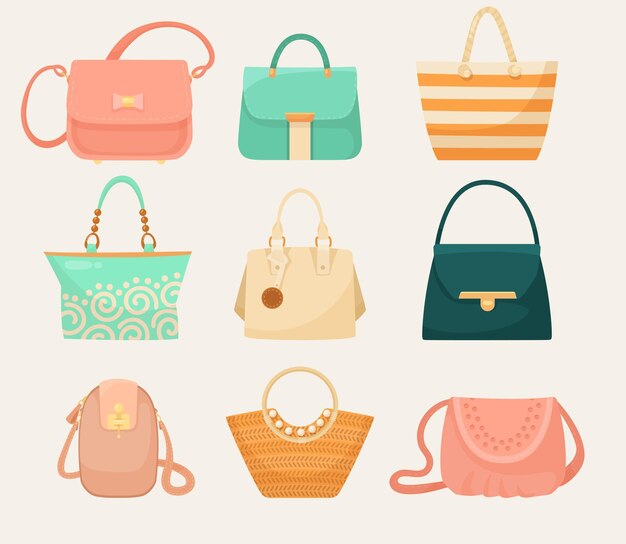 Diferentes tipos de bolsos para mujeres conjunto de ilustraciones vectoriales. Bolsos casuales coloridos de diferentes formas para verano u otoño aislados en fondo blanco. Moda, concepto de accesorios