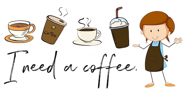 Vector gratuito diferentes tipos de café y frase necesito café