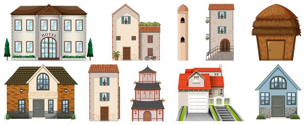 Diferentes tipos de edificios sobre fondo blanco.