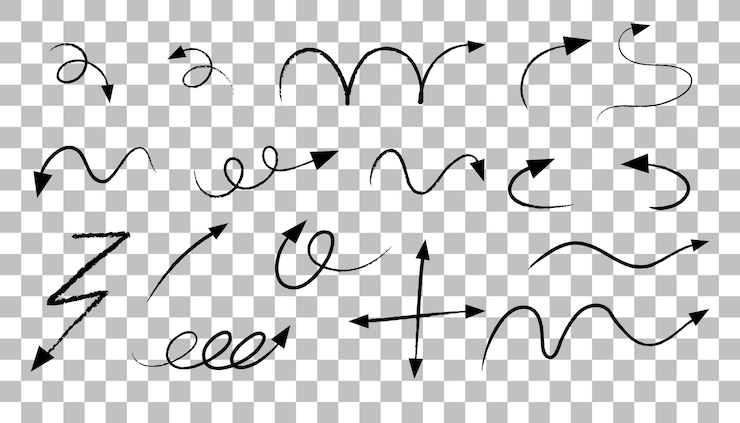 Vector gratuito diferentes tipos de flechas curvas dibujadas a mano sobre fondo transparente