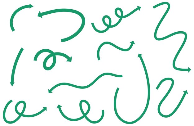 Diferentes tipos de flechas curvas dibujadas a mano verde sobre fondo blanco.