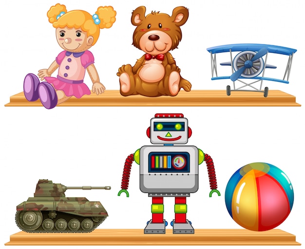 Vector gratuito diferentes tipos de juguetes en estante de madera.
