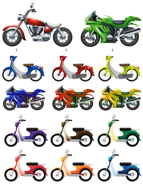Diferentes, tipos, motocycles, ilustración
