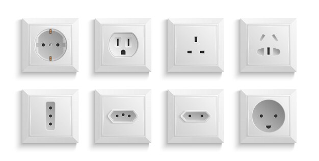 Diferentes tipos de tomas de corriente de pared para un conector blanco realista ilustración vectorial aislada