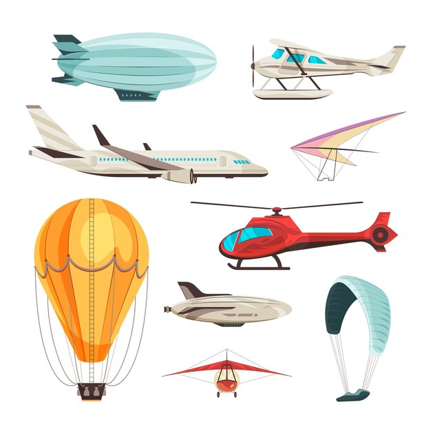 Diferentes tipos de vista lateral del transporte aéreo civil establecen ilustración vectorial plana