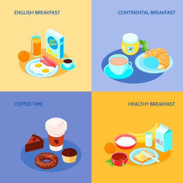 Diferentes variantes de banner de iconos de desayuno conjunto