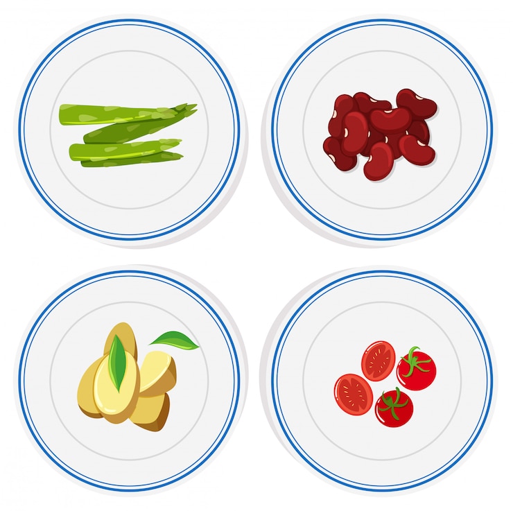 Vector gratuito diferentes vegetales en platos redondos.
