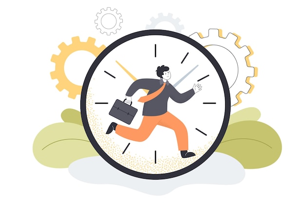 Diminuto hombre cómico corriendo a toda prisa haciendo trabajo en el fondo de la esfera del reloj. Buena gente que va a trabajar temprano ilustración vectorial plana. Gestión del tiempo, cronómetro que muestra el concepto de hora