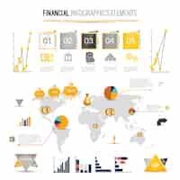 Vector gratuito dinero finanzas infografía de negocios con iconos financieros y mapa del mundo en la ilustración vectorial de fondo