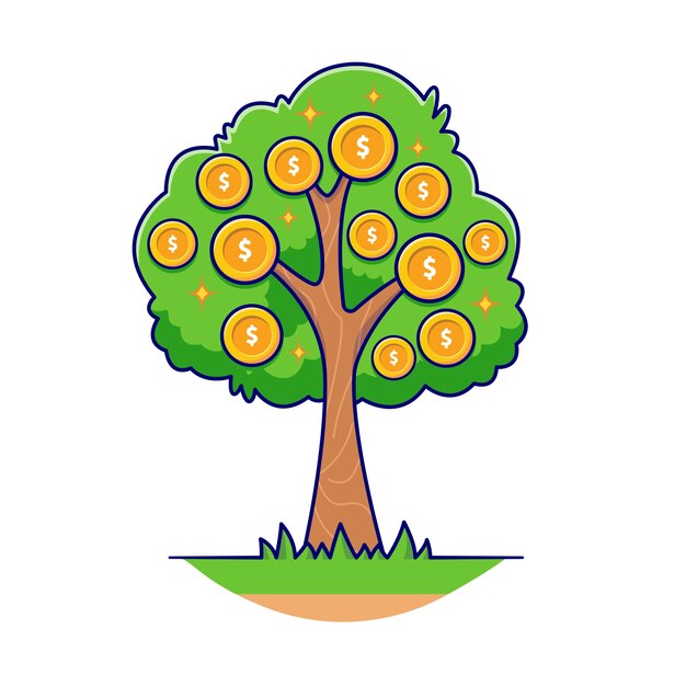 Dinero Moneda de Oro Árbol Vector de dibujos animados Icono Ilustración Finanzas Icono de la naturaleza Vector plano aislado