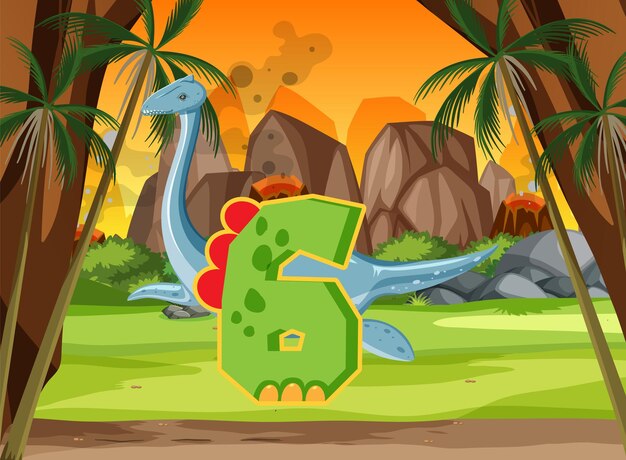 Un dinosaurio con dibujos animados número seis.