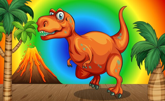 Dinosaurio de dibujos animados sobre fondo degradado de arco iris