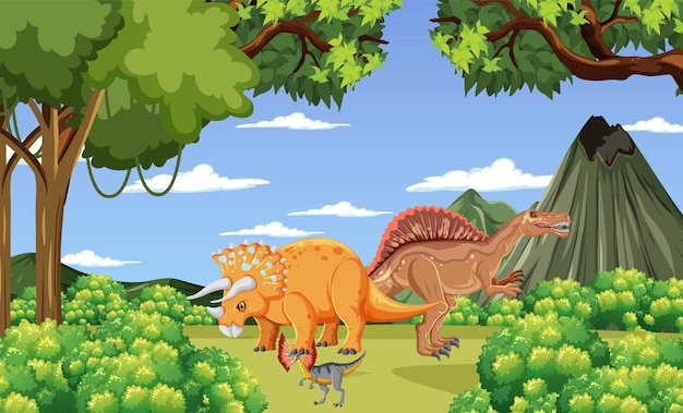Dinosaurio en la escena del bosque prehistórico