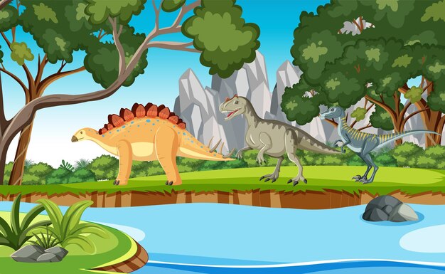 Dinosaurio en la escena del bosque prehistórico