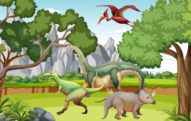 Vector gratuito dinosaurio en la escena del bosque prehistórico