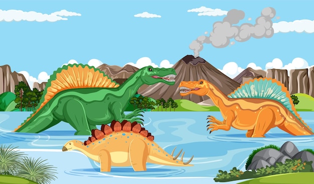 Vector gratuito dinosaurio en la escena del bosque prehistórico