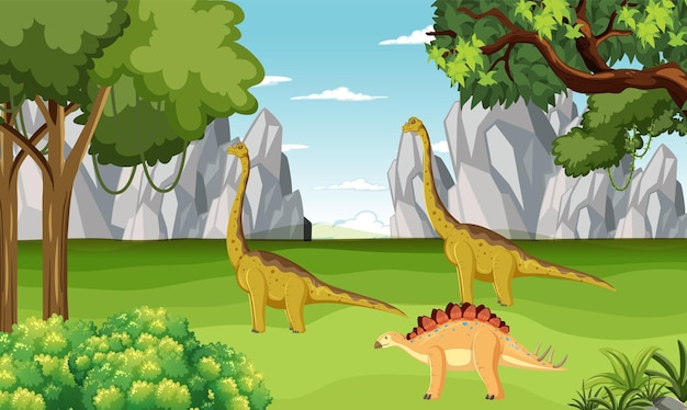 Vector gratuito dinosaurio en la escena del bosque prehistórico