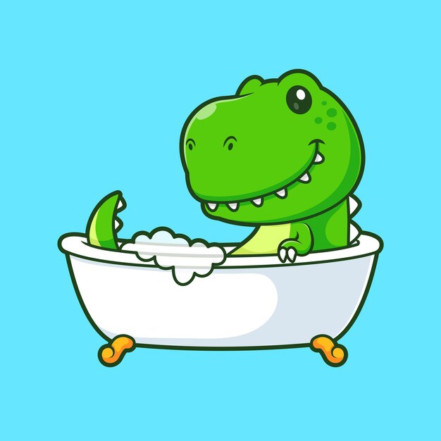 Dinosaurio lindo bañándose en la bañera Icono vectorial de dibujos animados Ilustración de animal Icono saludable aislado plano